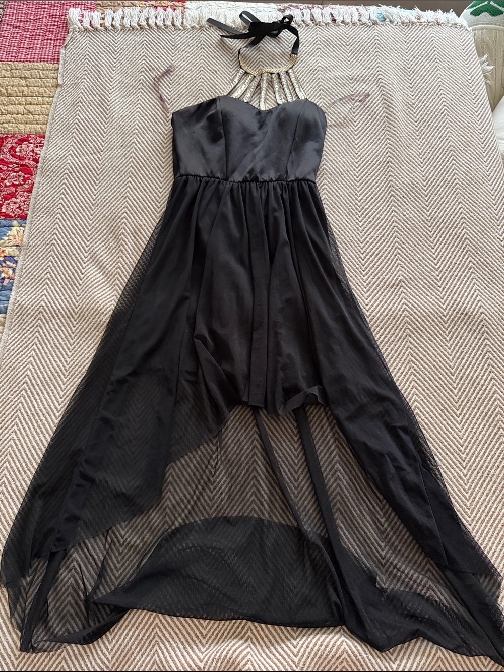 Black Strapless High-Low Evening Dress with Beaded Halter Tie